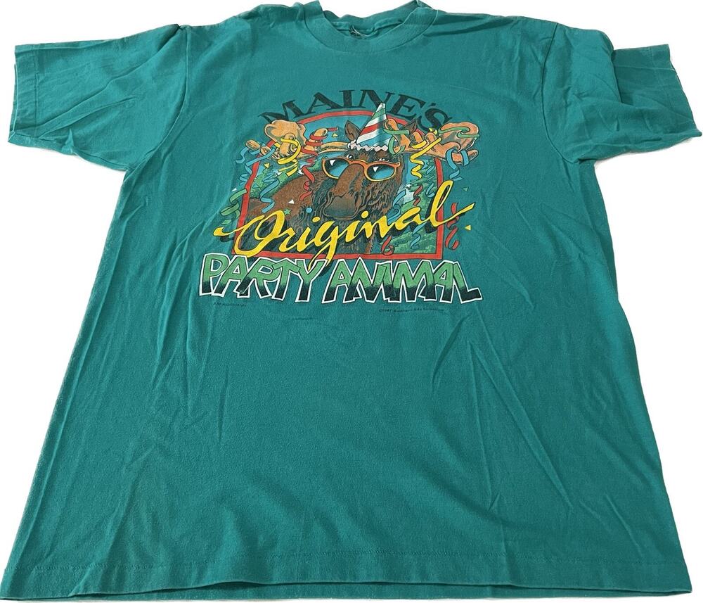 Vintage Maine Moose Original party Animal T-Shirt Lrg Single Stitch Green 80s